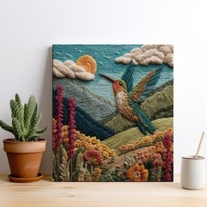 Folklorico Hummingbird Faux Art Print, Mexican Folk Art, Nature Bird